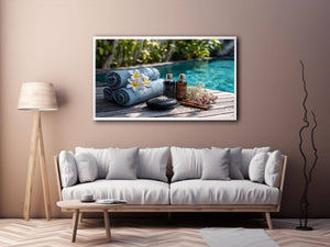 Spa towel and poolside canvas photography for relaxing bathroom decor.