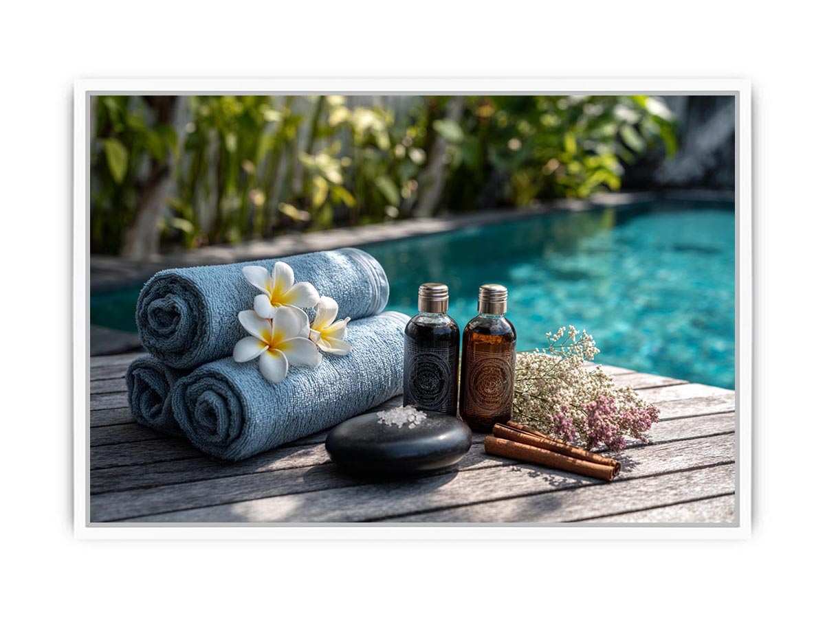 Spa towel and poolside canvas photography for relaxing bathroom decor.