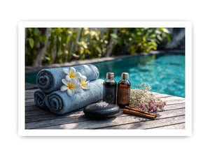 Spa towel and poolside canvas photography for relaxing bathroom decor.