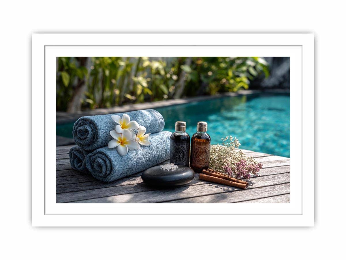 Spa towel and poolside canvas photography for relaxing bathroom decor.