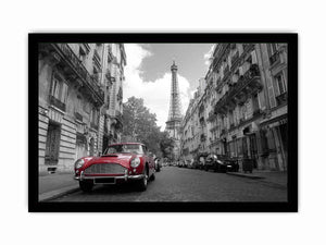 Black and white Paris canvas print with red car for elegant wall decor.