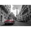 Black and white Paris canvas print with red car for elegant wall decor.