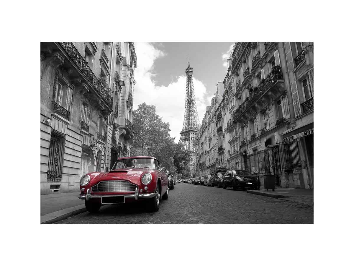 Black and white Paris canvas print with red car for elegant wall decor.