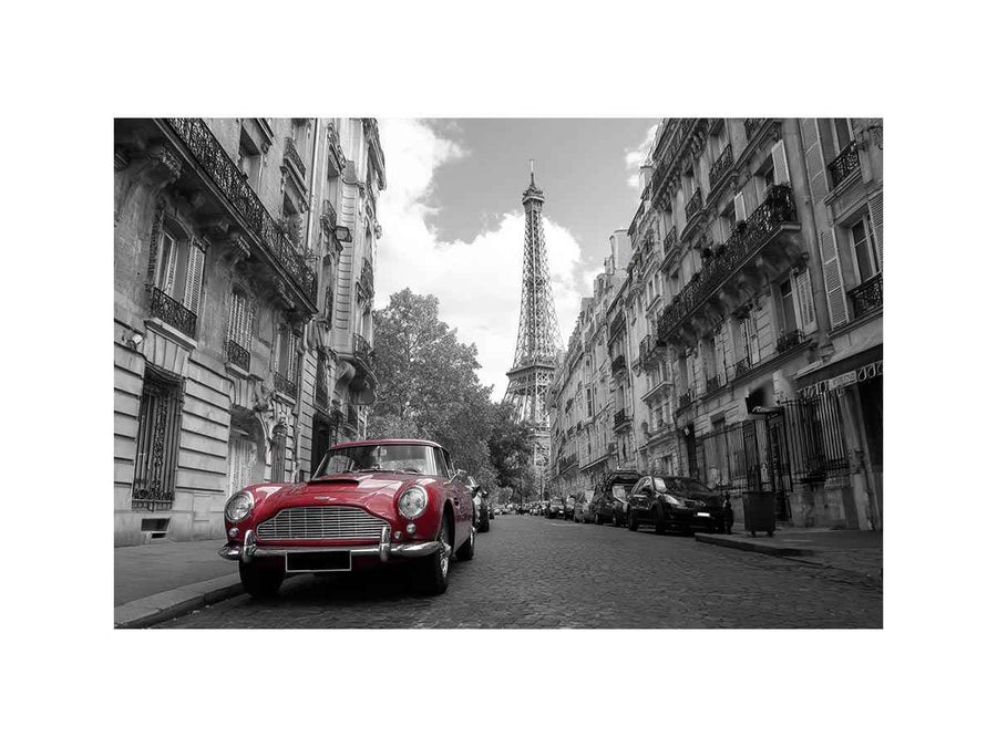 Black and white Paris canvas print with red car for elegant wall decor.
