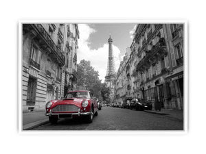 Black and white Paris canvas print with red car for elegant wall decor.