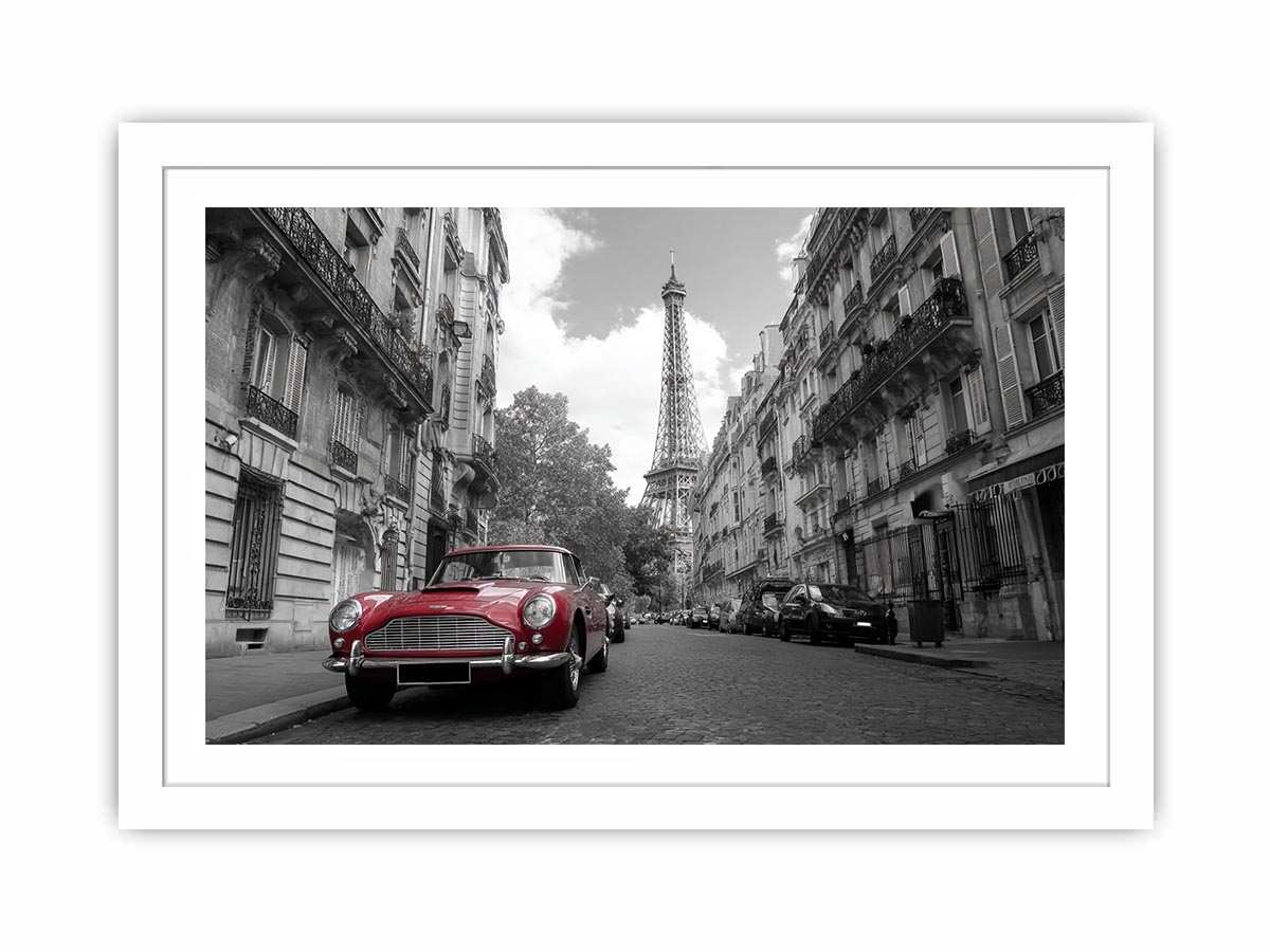Black and white Paris canvas print with red car for elegant wall decor.