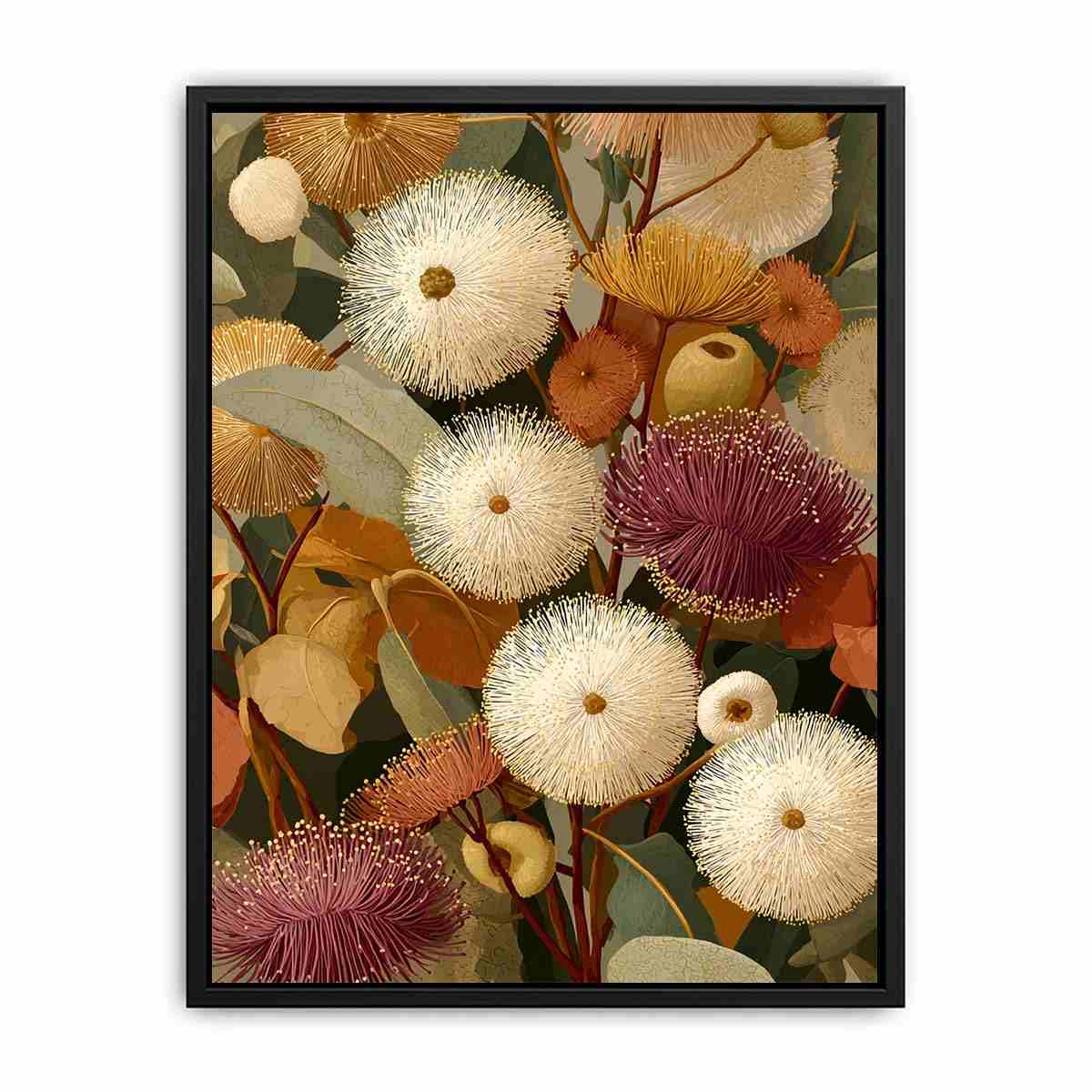 Earthy eucalyptus botanical canvas art for warm modern living room decor.