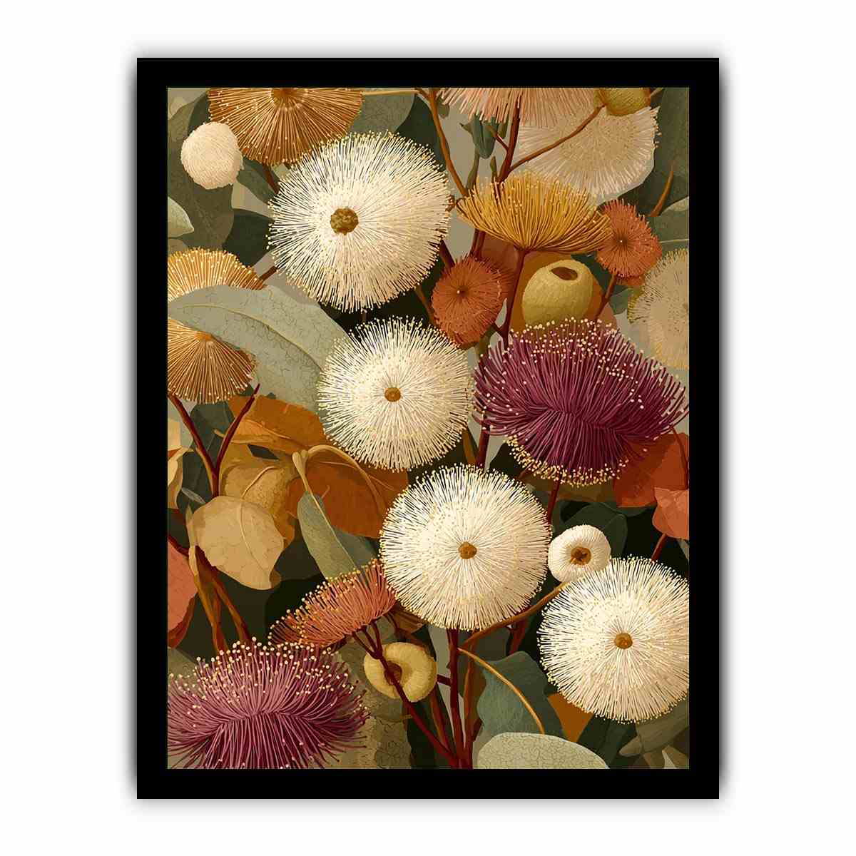 Earthy eucalyptus botanical canvas art for warm modern living room decor.