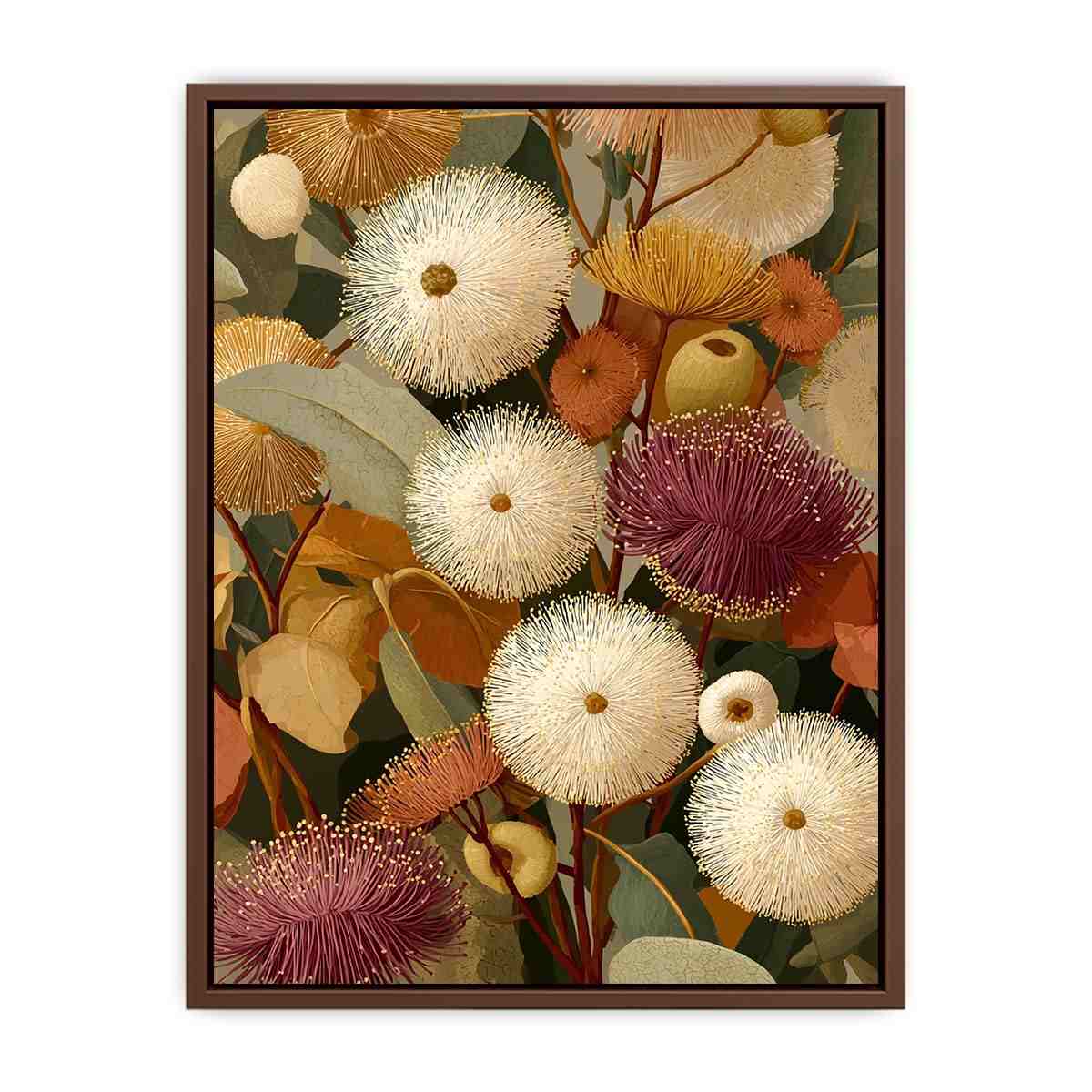 Earthy eucalyptus botanical canvas art for warm modern living room decor.