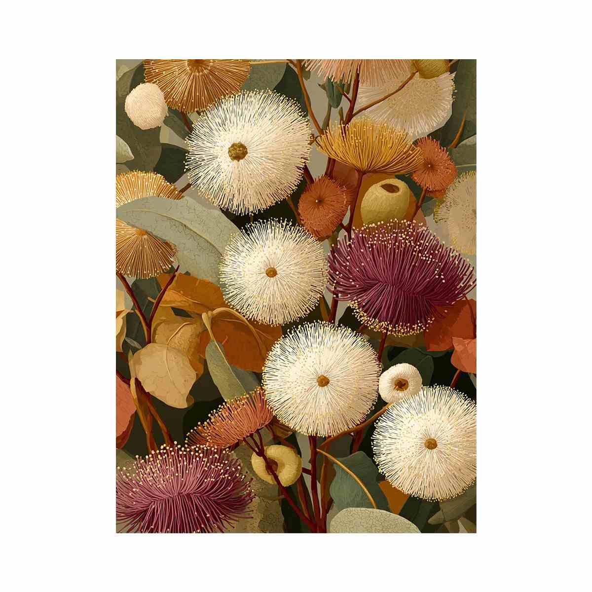 Earthy eucalyptus botanical canvas art for warm modern living room decor.