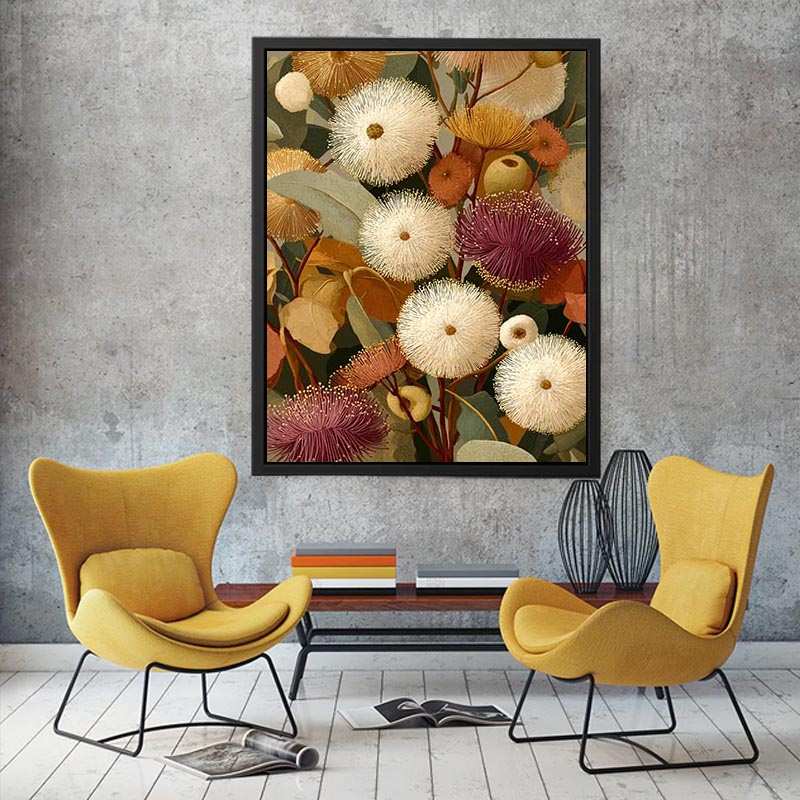 Earthy eucalyptus botanical canvas art for warm modern living room decor.