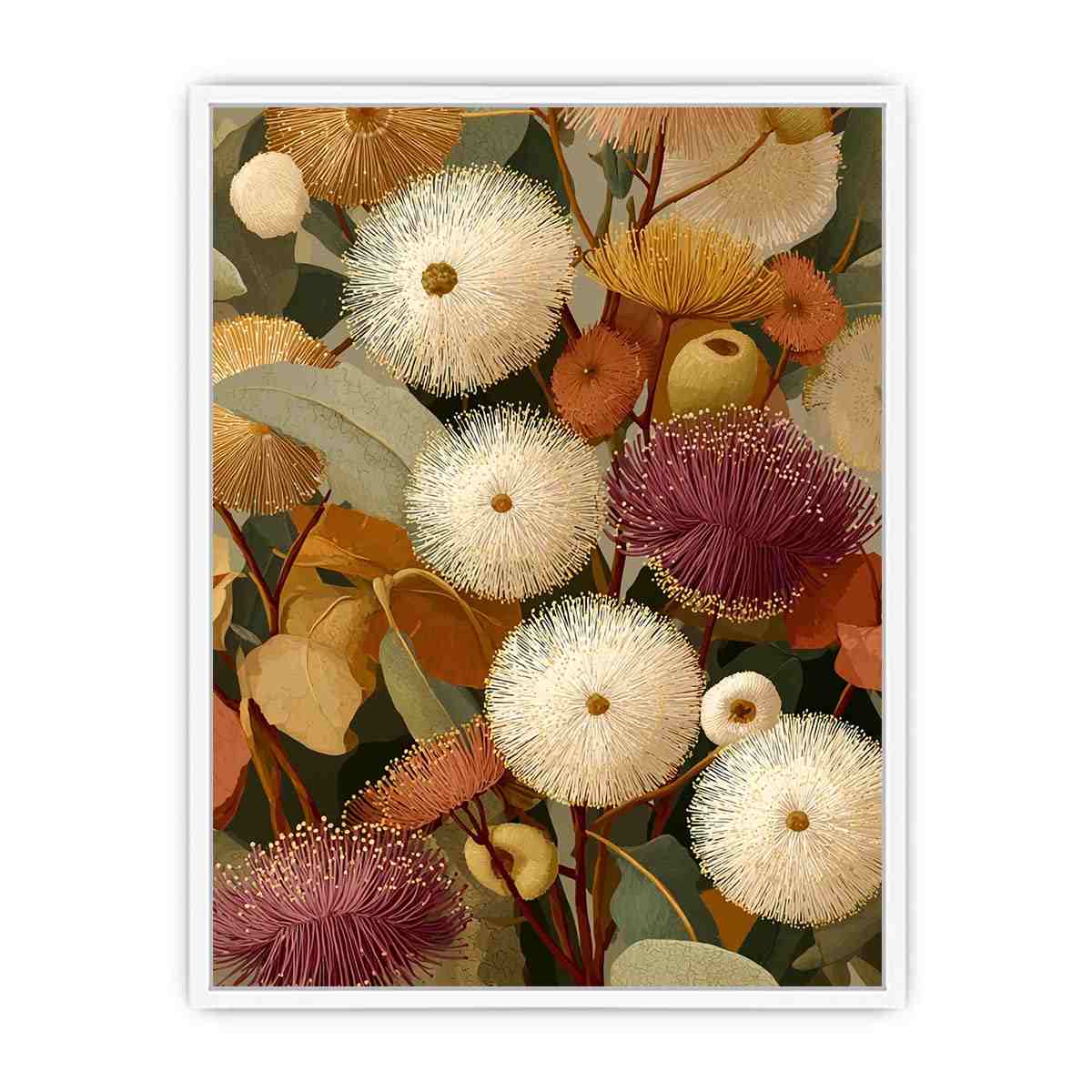 Earthy eucalyptus botanical canvas art for warm modern living room decor.