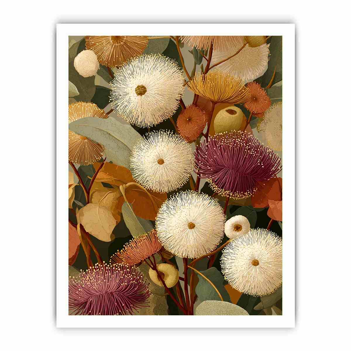 Earthy eucalyptus botanical canvas art for warm modern living room decor.