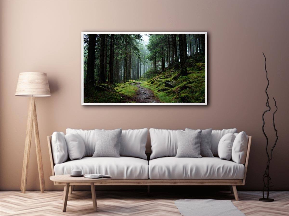 Misty forest path canvas photography for calm green living room decor.