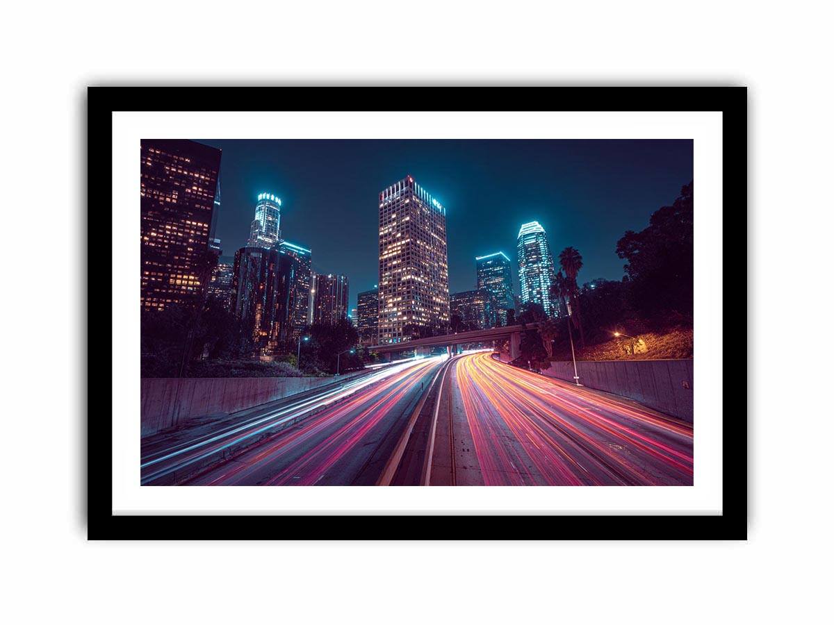 Night city light trail canvas photography for modern office wall decor.