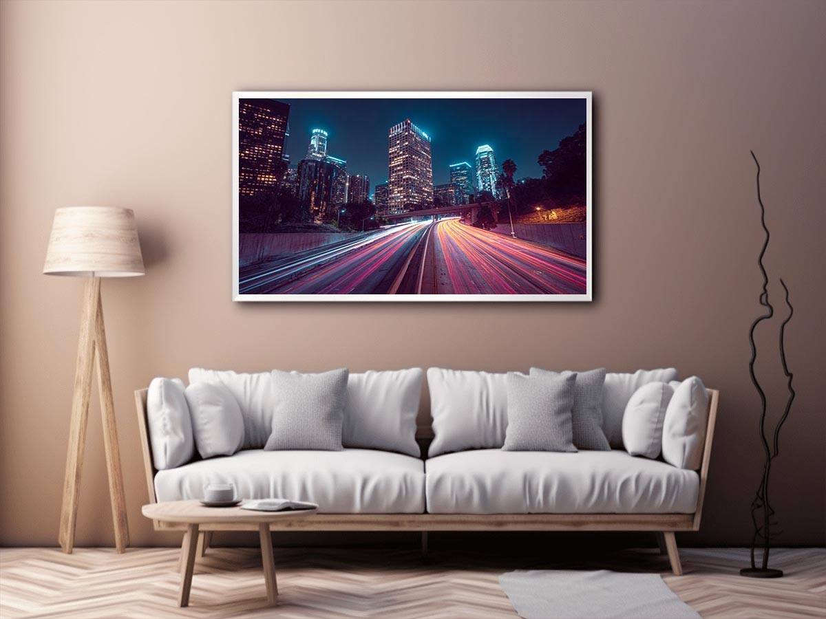 Night city light trail canvas photography for modern office wall decor.