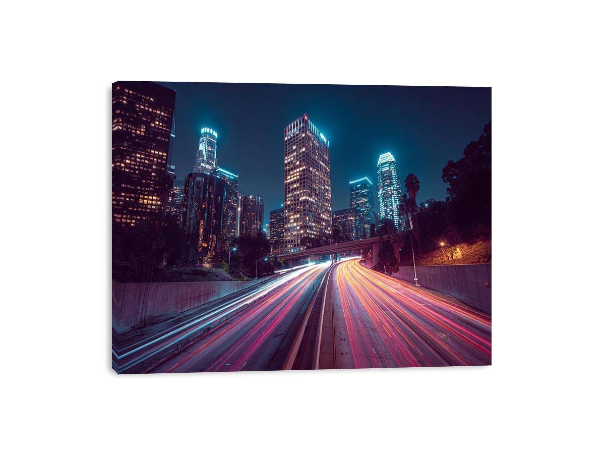 Night city light trail canvas photography for modern office wall decor.