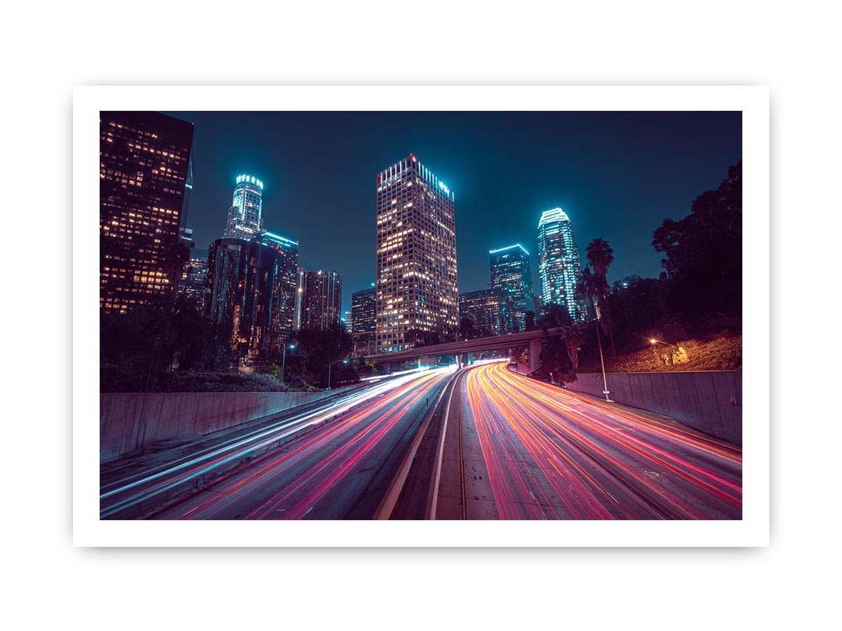 Night city light trail canvas photography for modern office wall decor.