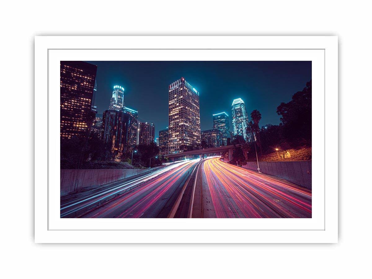 Night city light trail canvas photography for modern office wall decor.