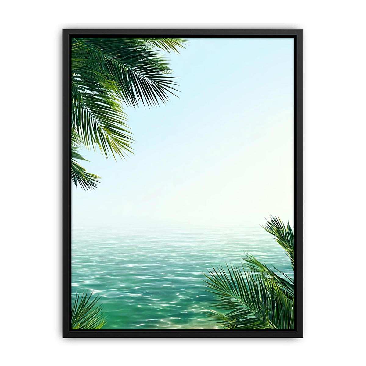 Minimal coastal ocean canvas art with palm leaves for relaxing bedroom decor.