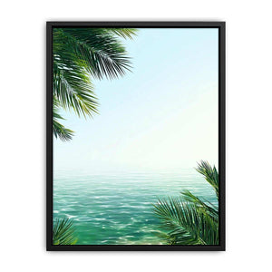 Minimal coastal ocean canvas art with palm leaves for relaxing bedroom decor.