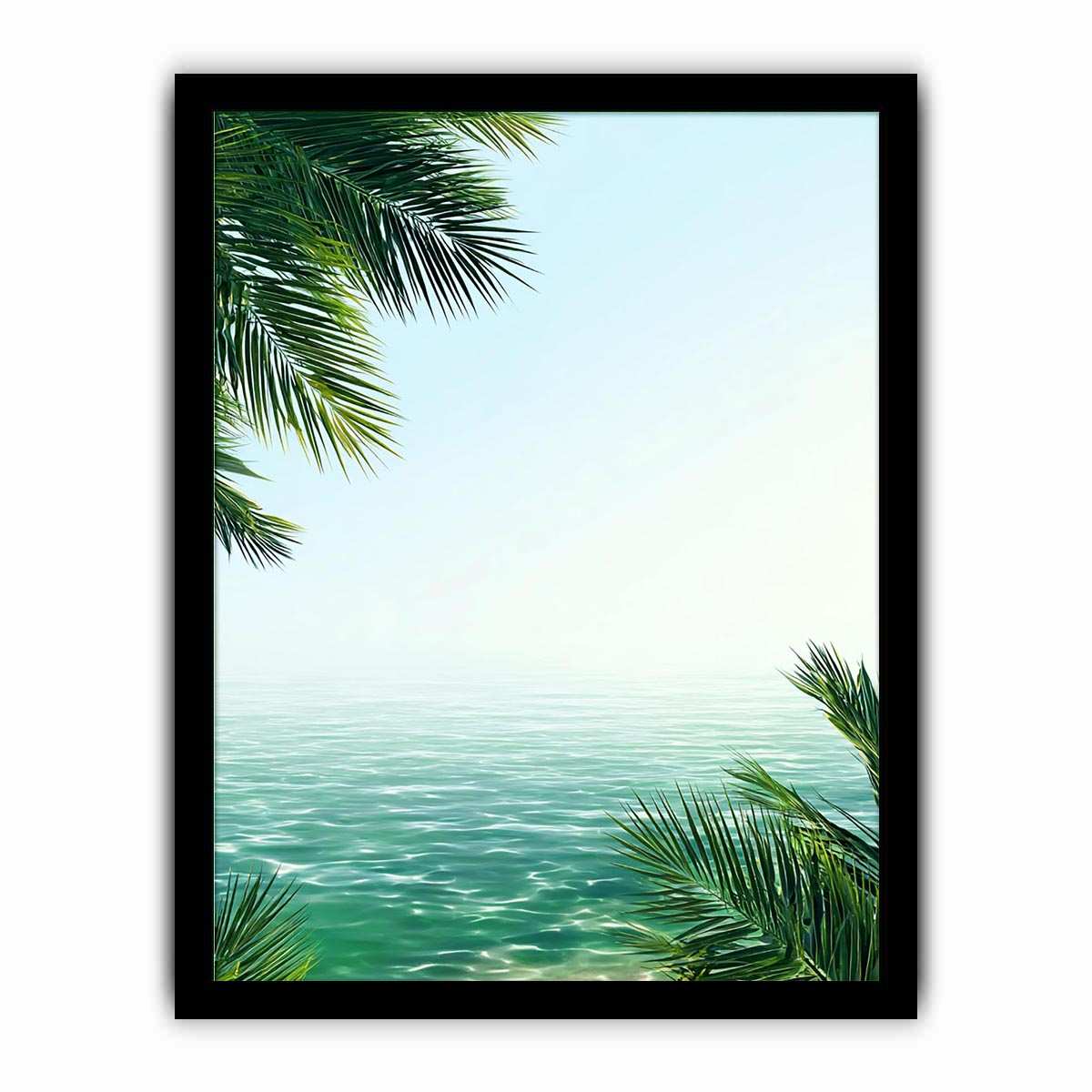 Minimal coastal ocean canvas art with palm leaves for relaxing bedroom decor.