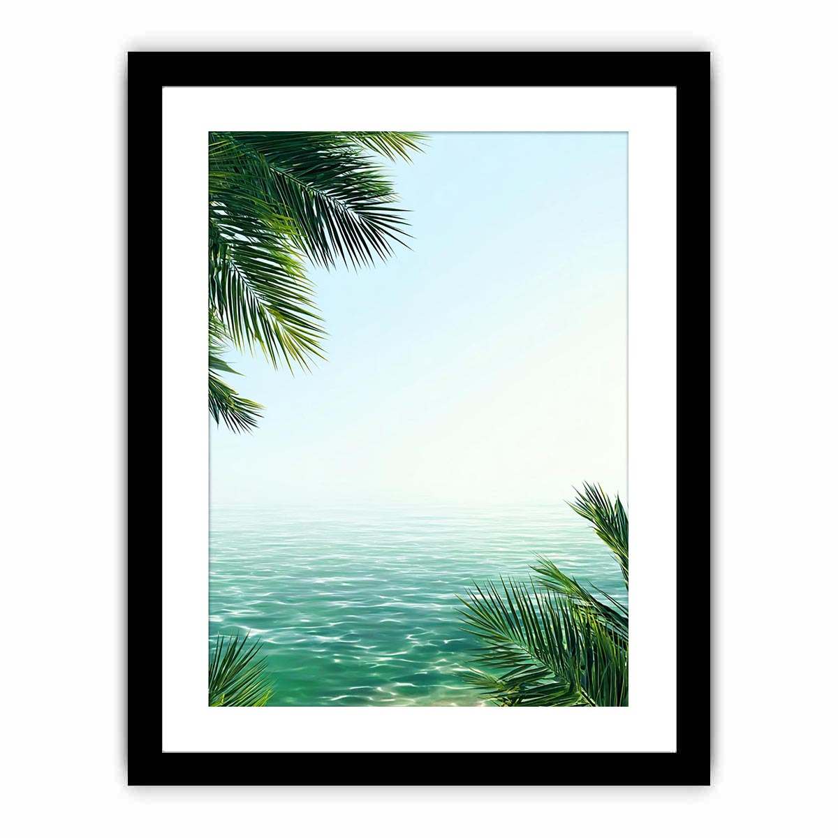 Minimal coastal ocean canvas art with palm leaves for relaxing bedroom decor.