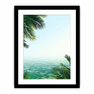 Minimal coastal ocean canvas art with palm leaves for relaxing bedroom decor.