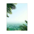 Minimal coastal ocean canvas art with palm leaves for relaxing bedroom decor.