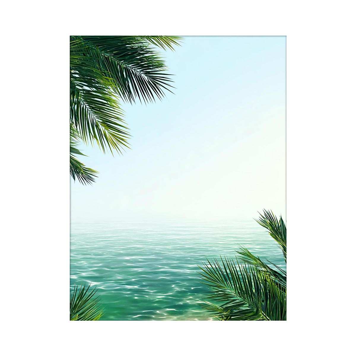 Minimal coastal ocean canvas art with palm leaves for relaxing bedroom decor.