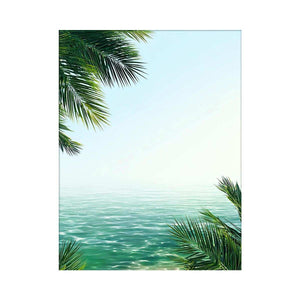 Minimal coastal ocean canvas art with palm leaves for relaxing bedroom decor.
