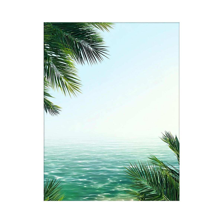 Minimal coastal ocean canvas art with palm leaves for relaxing bedroom decor.