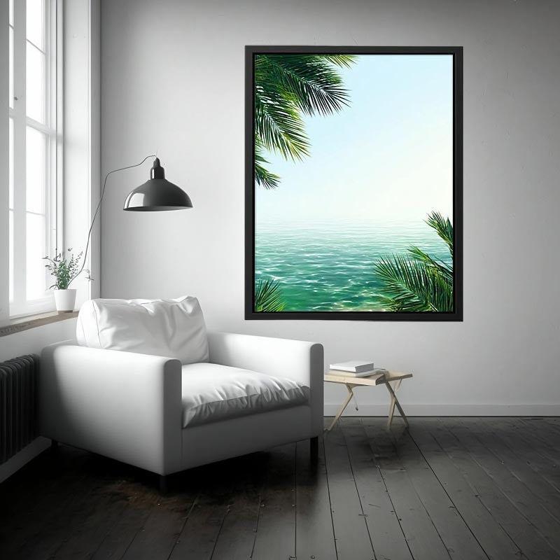 Minimal coastal ocean canvas art with palm leaves for relaxing bedroom decor.