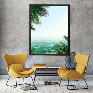 Minimal coastal ocean canvas art with palm leaves for relaxing bedroom decor.