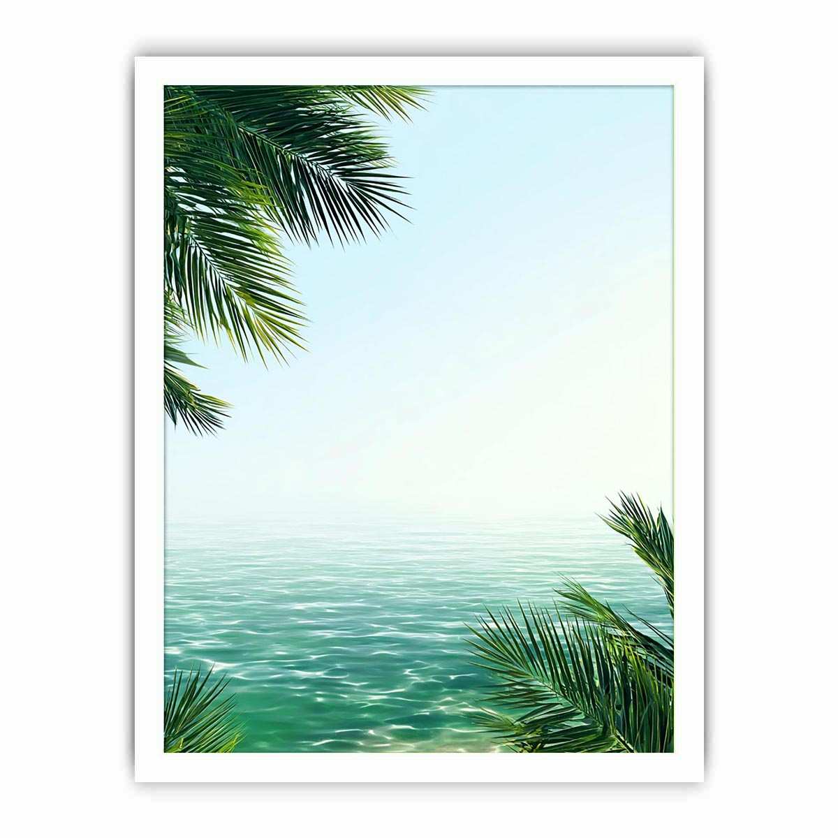 Minimal coastal ocean canvas art with palm leaves for relaxing bedroom decor.