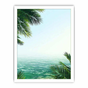 Minimal coastal ocean canvas art with palm leaves for relaxing bedroom decor.