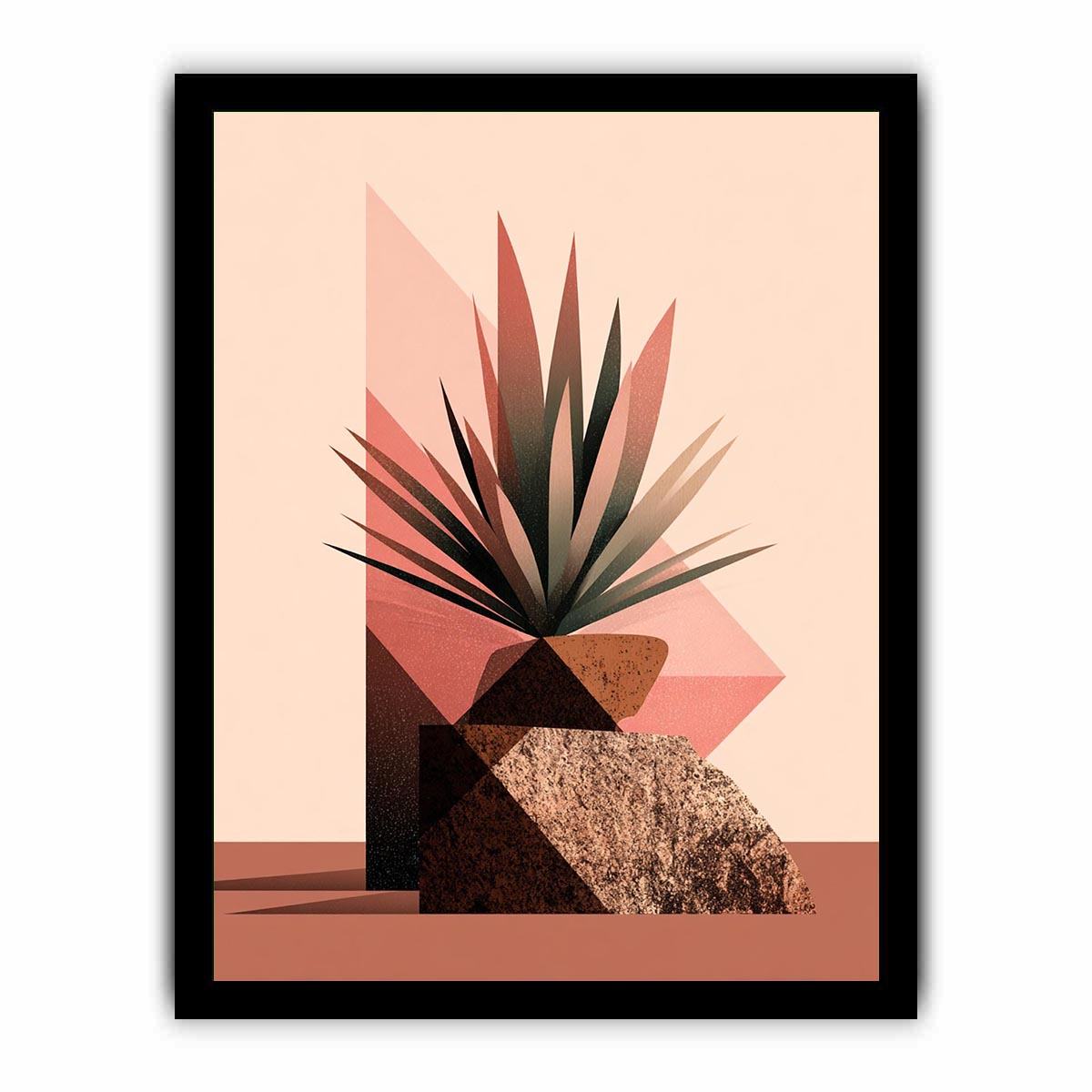 Earth tone geometric plant canvas art for modern living room decor.