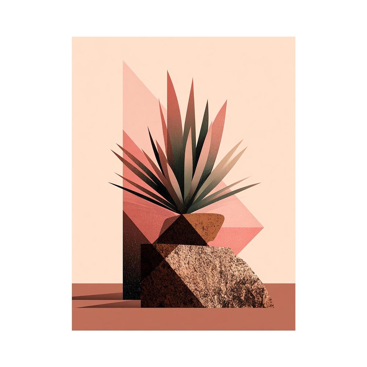 Earth tone geometric plant canvas art for modern living room decor.
