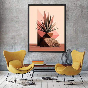 Earth tone geometric plant canvas art for modern living room decor.