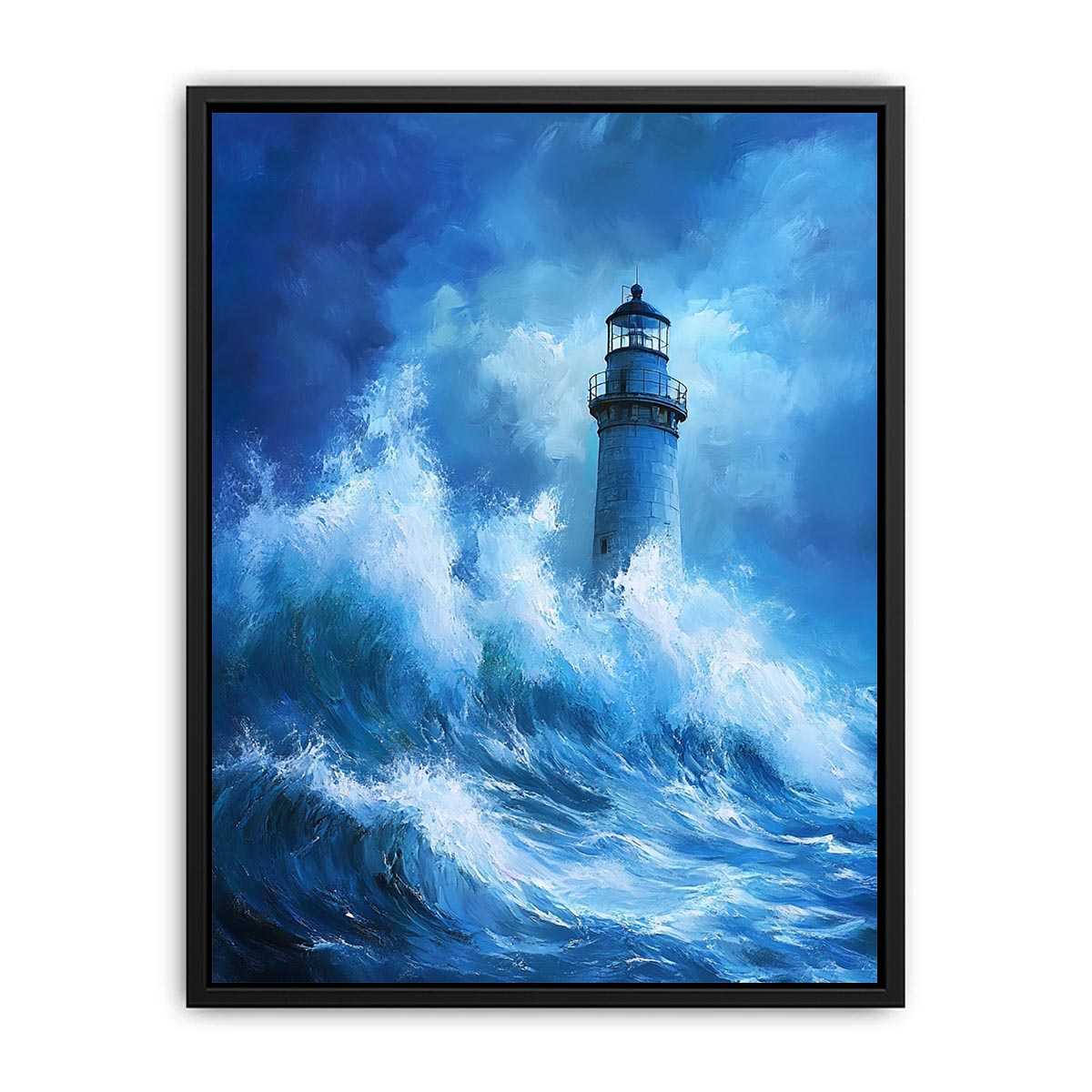 Blue storm lighthouse canvas art with crashing ocean waves for coastal interior decor.
