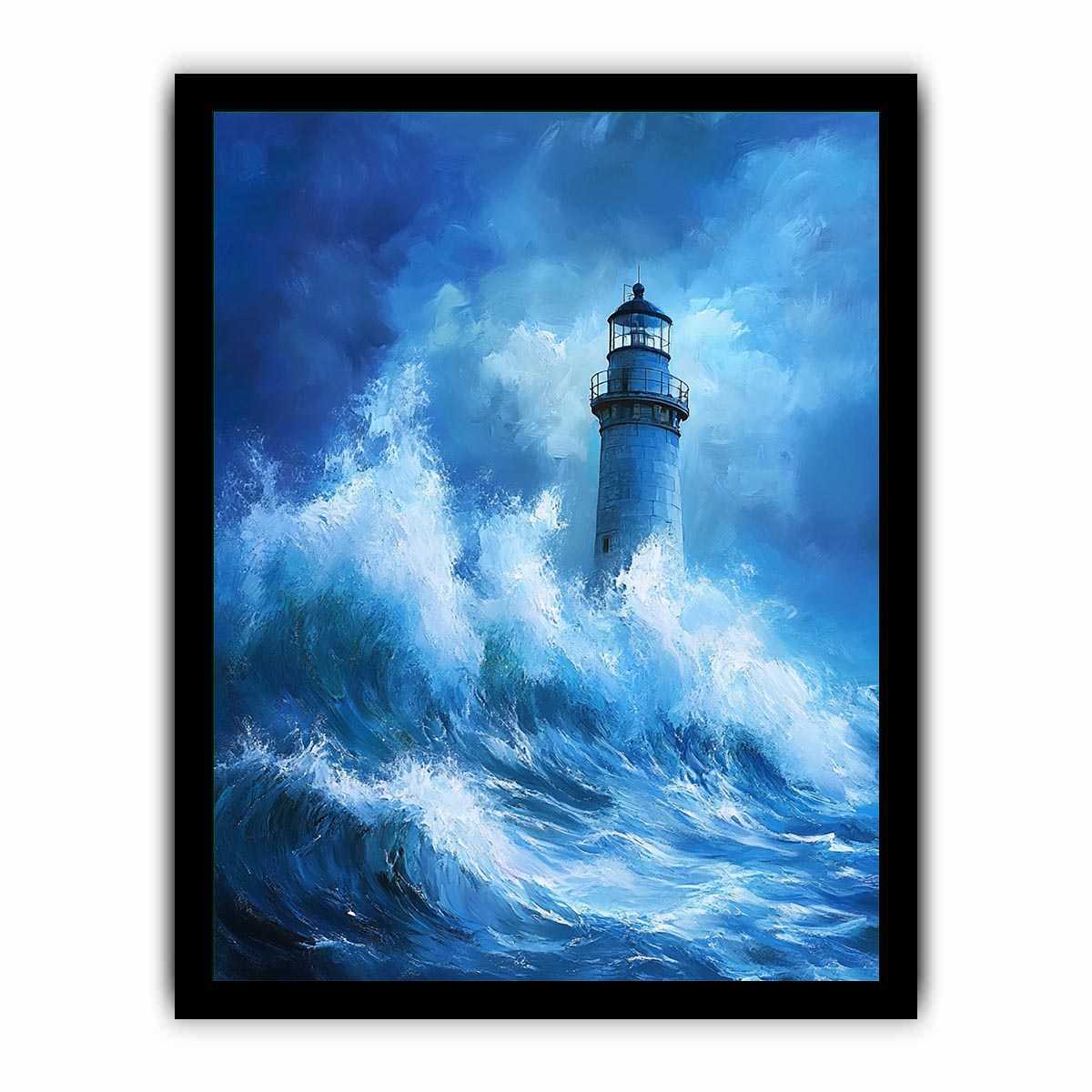 Blue storm lighthouse canvas art with crashing ocean waves for coastal interior decor.
