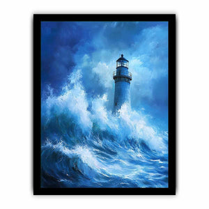 Blue storm lighthouse canvas art with crashing ocean waves for coastal interior decor.
