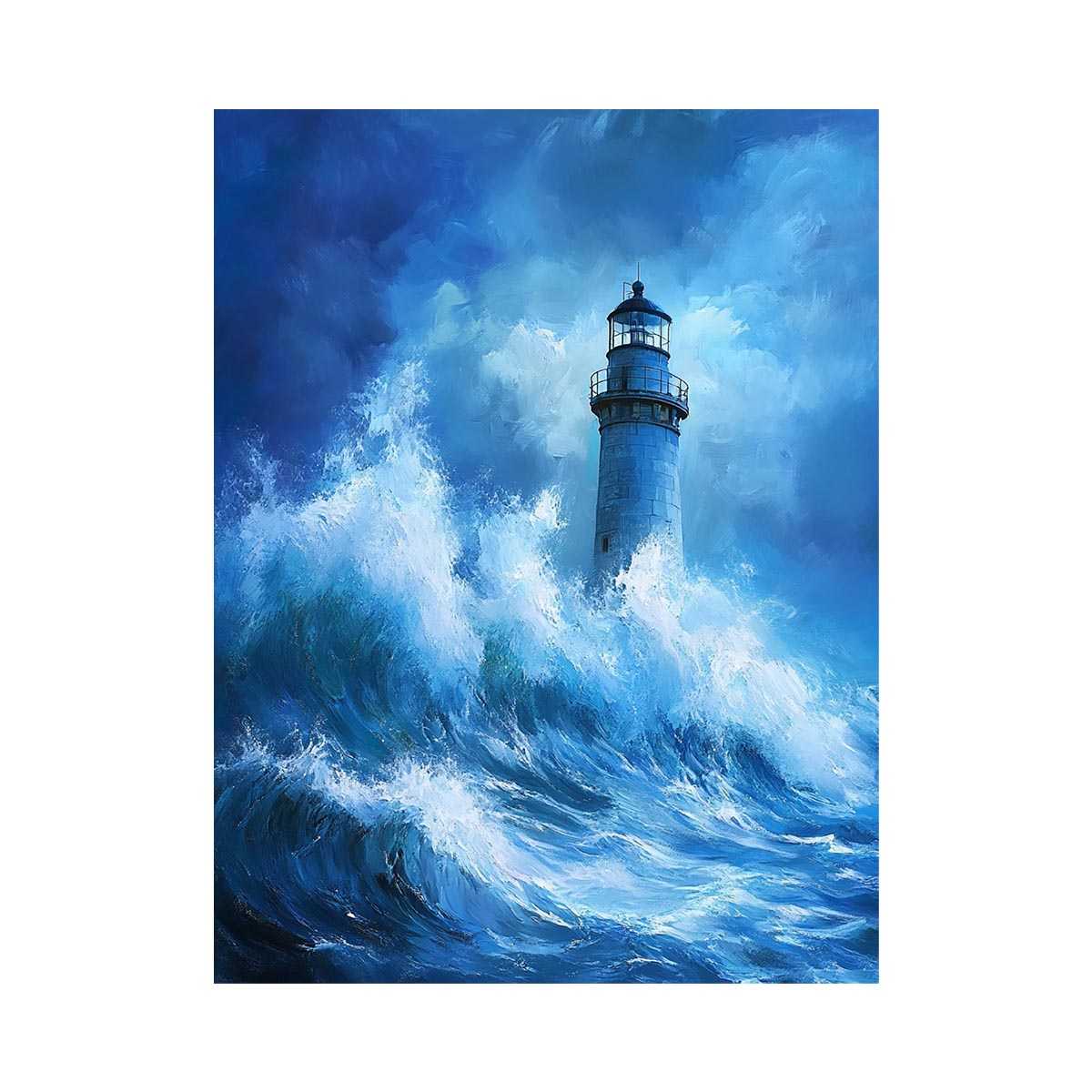 Blue storm lighthouse canvas art with crashing ocean waves for coastal interior decor.