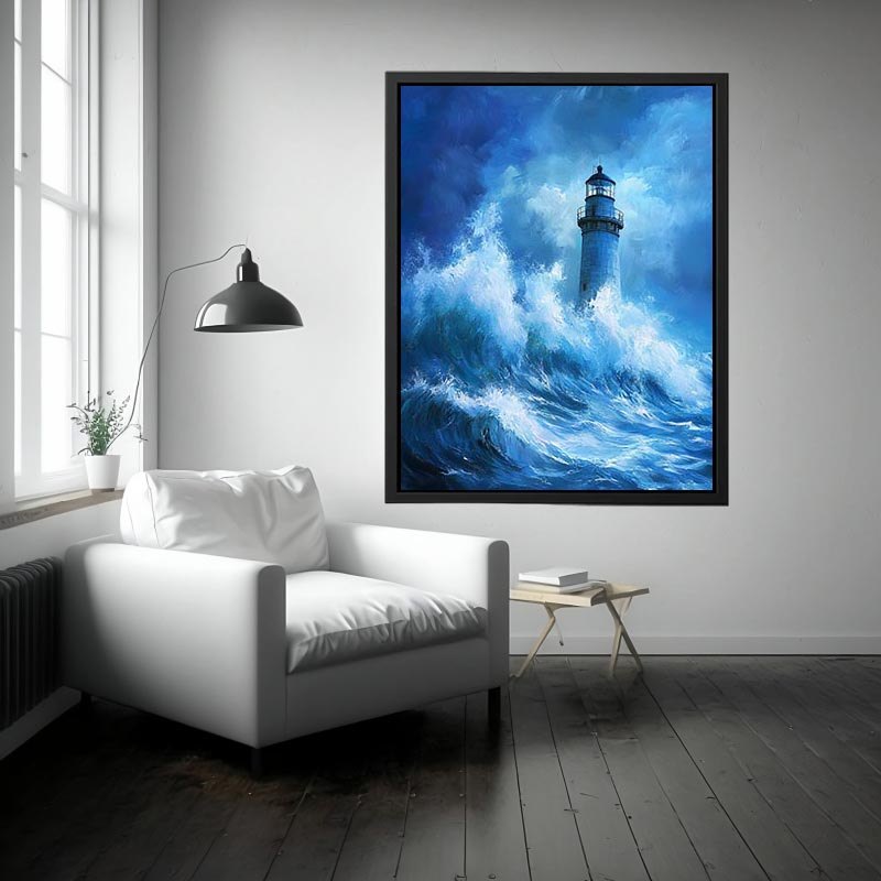 Blue storm lighthouse canvas art with crashing ocean waves for coastal interior decor.