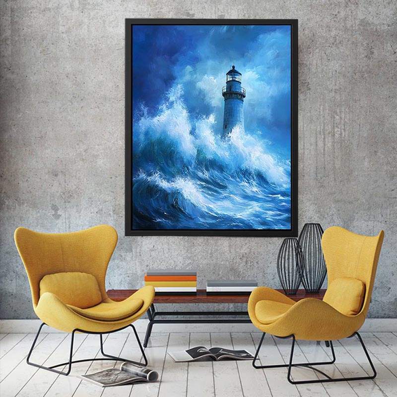 Blue storm lighthouse canvas art with crashing ocean waves for coastal interior decor.