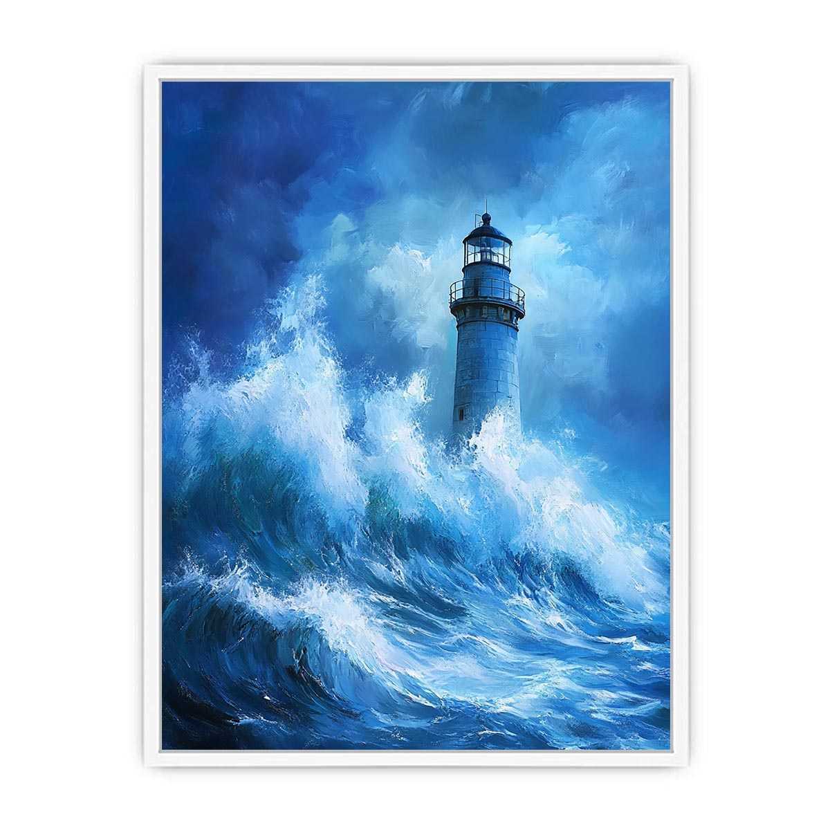 Blue storm lighthouse canvas art with crashing ocean waves for coastal interior decor.