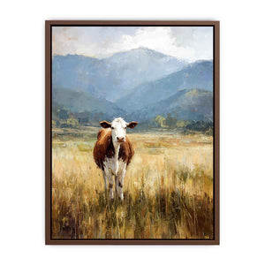 Cow pasture canvas art with mountains for rustic farmhouse living room decor.