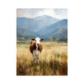 Cow pasture canvas art with mountains for rustic farmhouse living room decor.