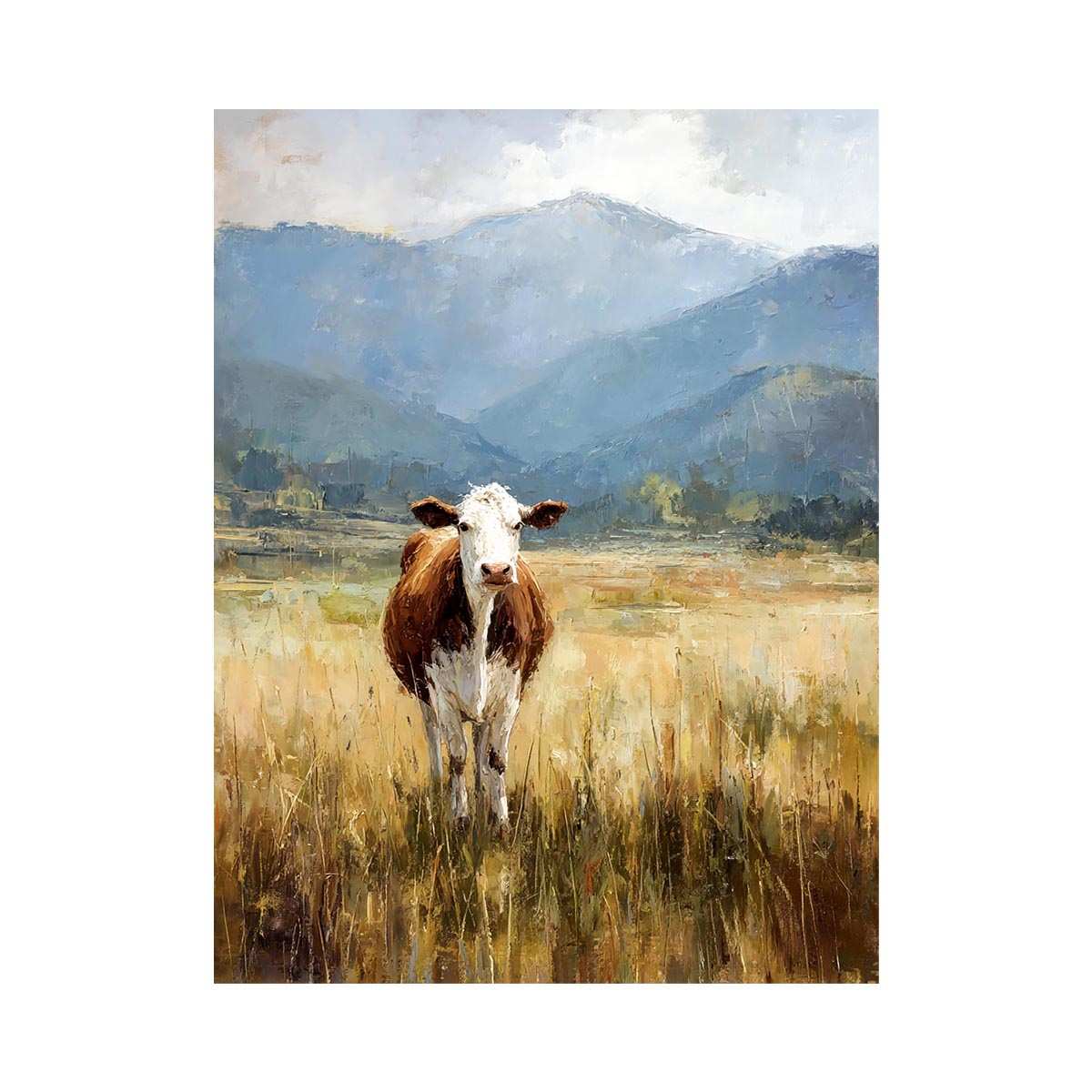 Cow pasture canvas art with mountains for rustic farmhouse living room decor.