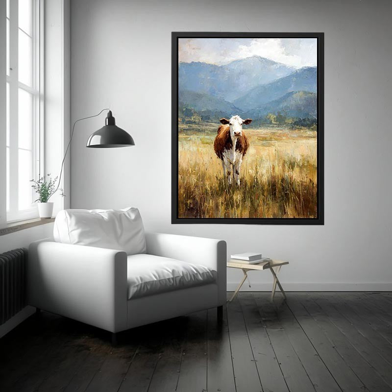 Cow pasture canvas art with mountains for rustic farmhouse living room decor.